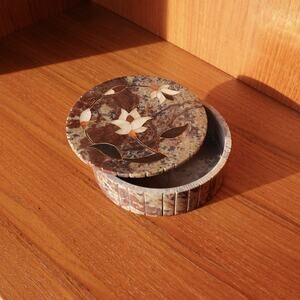 Vintage Hand Carved Soapstone Floral Trinket Jewelry Box Pearl Inlay